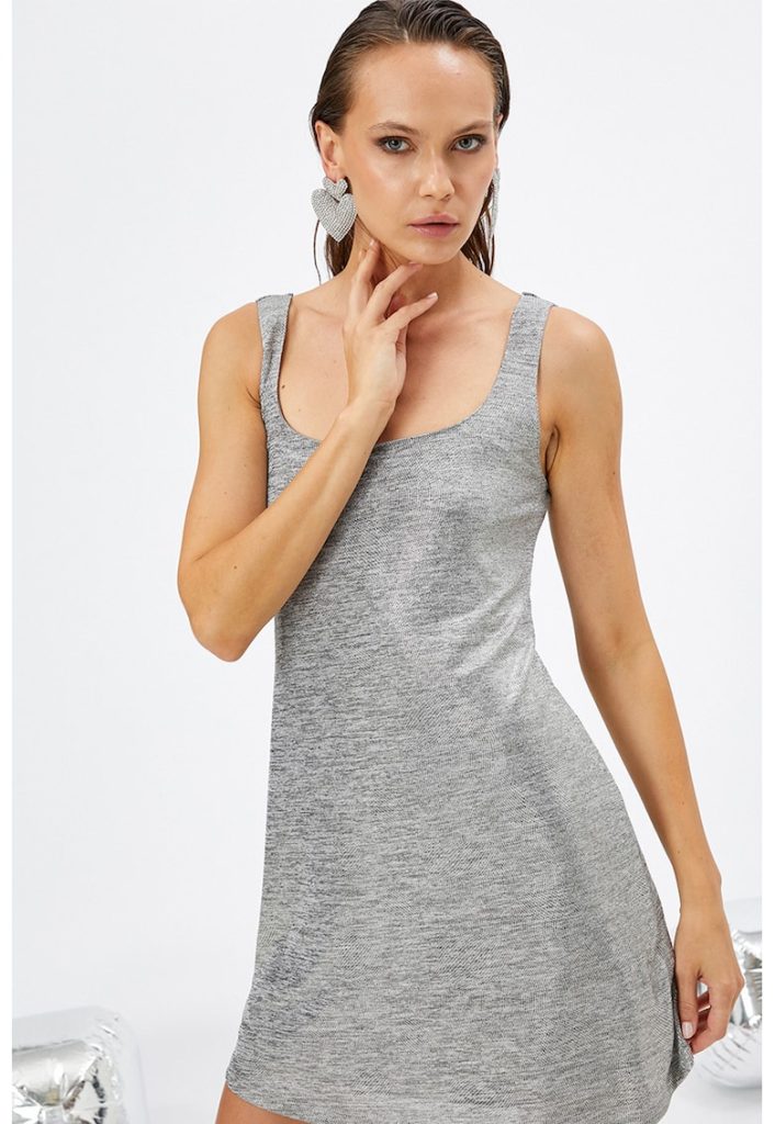 Rochie mini fara maneci cu textura metaizata-FEMEI-