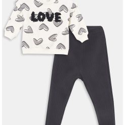 Set de bluza sport cu imprimeu cu inimi si colanti uni striati-FETE-