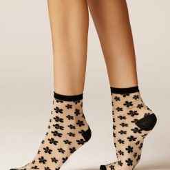 Sosete lycra natural cu flori negre Laura Baldini Petals 20 den-FEMEI