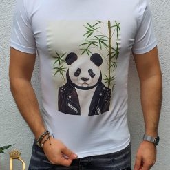 Tricou barbati slim fit alb Panda  - TR82-Reduceri