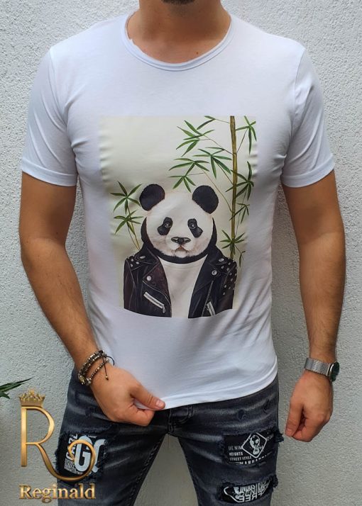 Tricou barbati slim fit alb Panda  - TR82-Reduceri