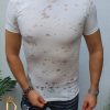 Tricou barbati slim fit alb cu rupturi  - TR97-Reduceri