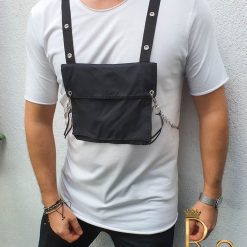 Tricou barbati slim fit lung alb cu buzunare Street Style cod TR73 2