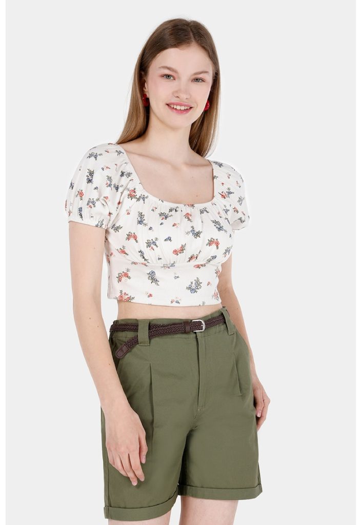 Tricou crop cu model floral-FEMEI-IMBRACAMINTE/Tricouri si maiouri