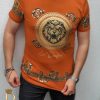 Tricou de barbati slim fit orange cu imprimeu auriu si strasuri  - TR179-Tricouri