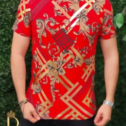Tricou de barbati slim fit rosu cu imprimeu auriu  Le Designers - TR175-Tricouri