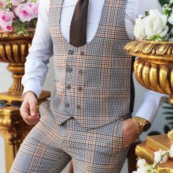 Vesta si Pantalon de barbati slim fit bej carouri maro in diferite nuante CU134 2