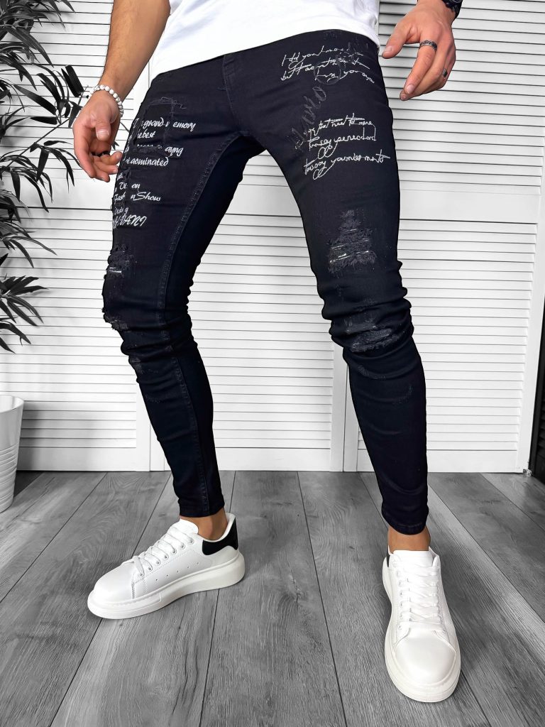 Blugi barbati conici negri  cu stikere  0061-Blugi barbati