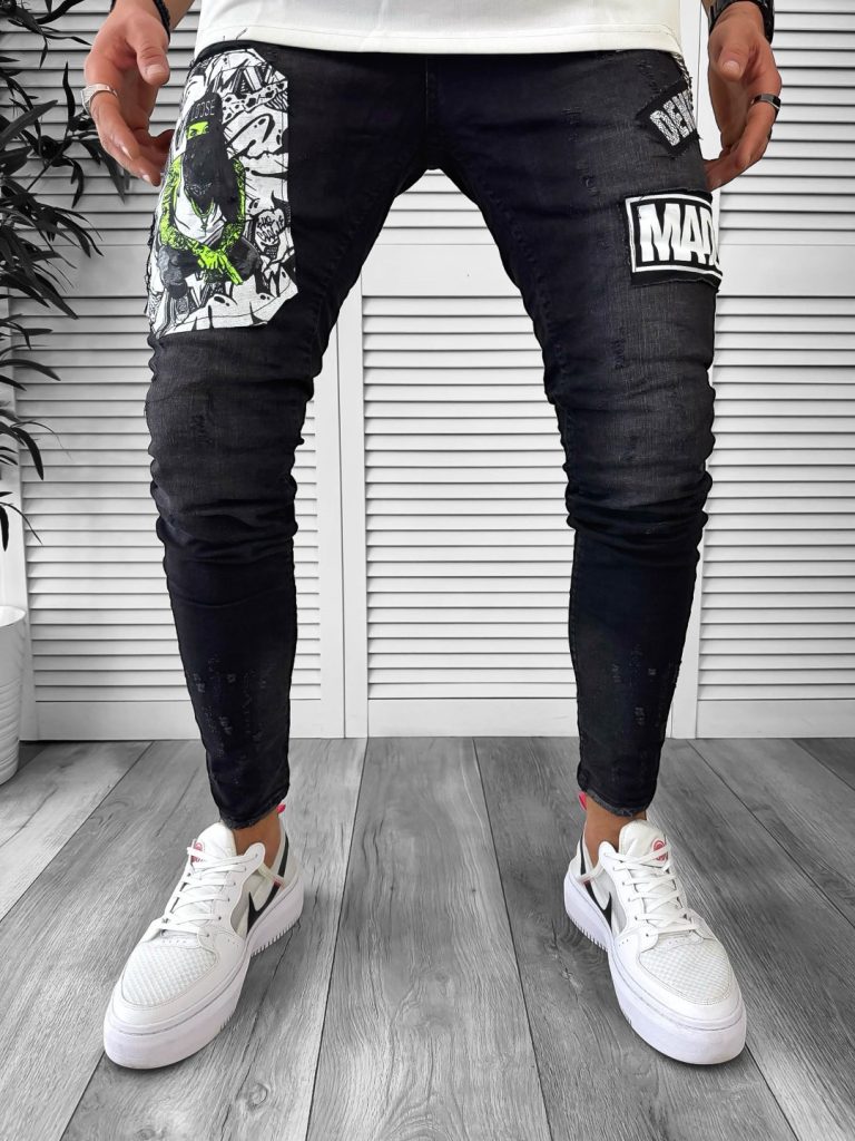 Blugi barbati conici negri cu stikere 1288  G2-5-Blugi barbati