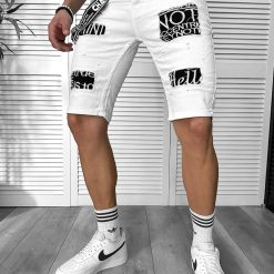 Blugi barbati scurti conici albi  cu stikere 4600 G1-3.3-Blugi barbati > Blugi scurti