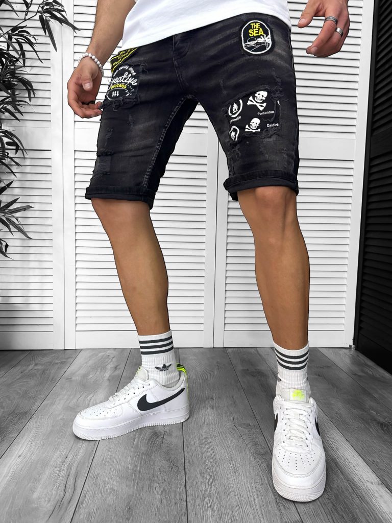 Blugi barbati scurti conici cu stikere 7034 H3-7-Blugi barbati > Blugi scurti