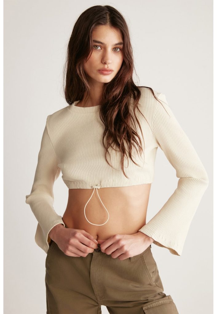 Bluza crop din amestec de bumbac cu decolteu la baza gatului-FEMEI-IMBRACAMINTE/Bluze