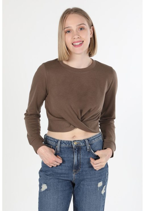 Bluza crop din jerseu cu detaliu frontal rasucit-FEMEI-