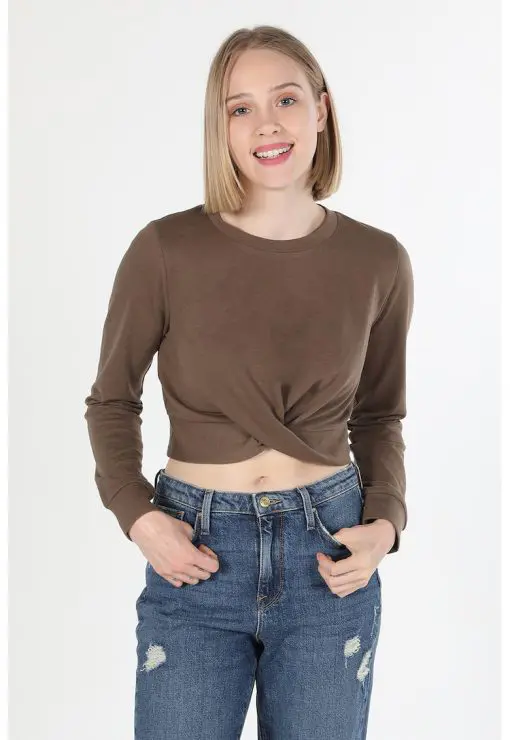 Bluza crop din jerseu cu detaliu frontal rasucit-FEMEI-