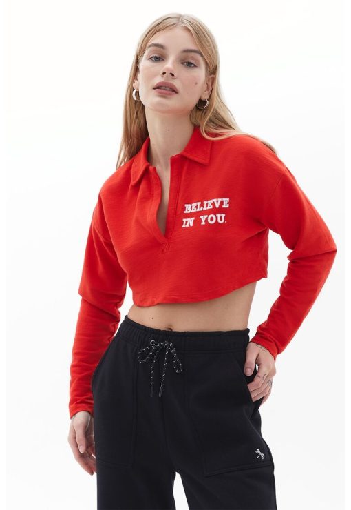 Bluza crop polo cu text-FEMEI-