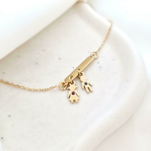 Bratara Fior al Vietii - Model placuta cu charm Baietel si Fetita cu Safir si Rubin - Argint 925 placat cu Aur Galben 18K-Colectii >> FIOR