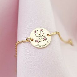 Bratara personalizata - Ursulet cu email roz - 12 mm - Argint 925 placat cu Aur Galben 18K - Cu lantisor fata/baiat-Toate >> Argint 925 >> Bratari Argint Bebelusi >> Noutati