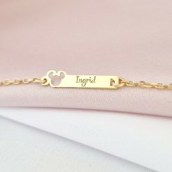 Bratara placuta - Forma soricel cu fundita gravat cu nume personalizat - Argint 925 placat cu Aur Galben 18K - Cu lantisor fata/baiat-Toate >> Argint 925 >> Bratari Argint Bebelusi >> Noutati