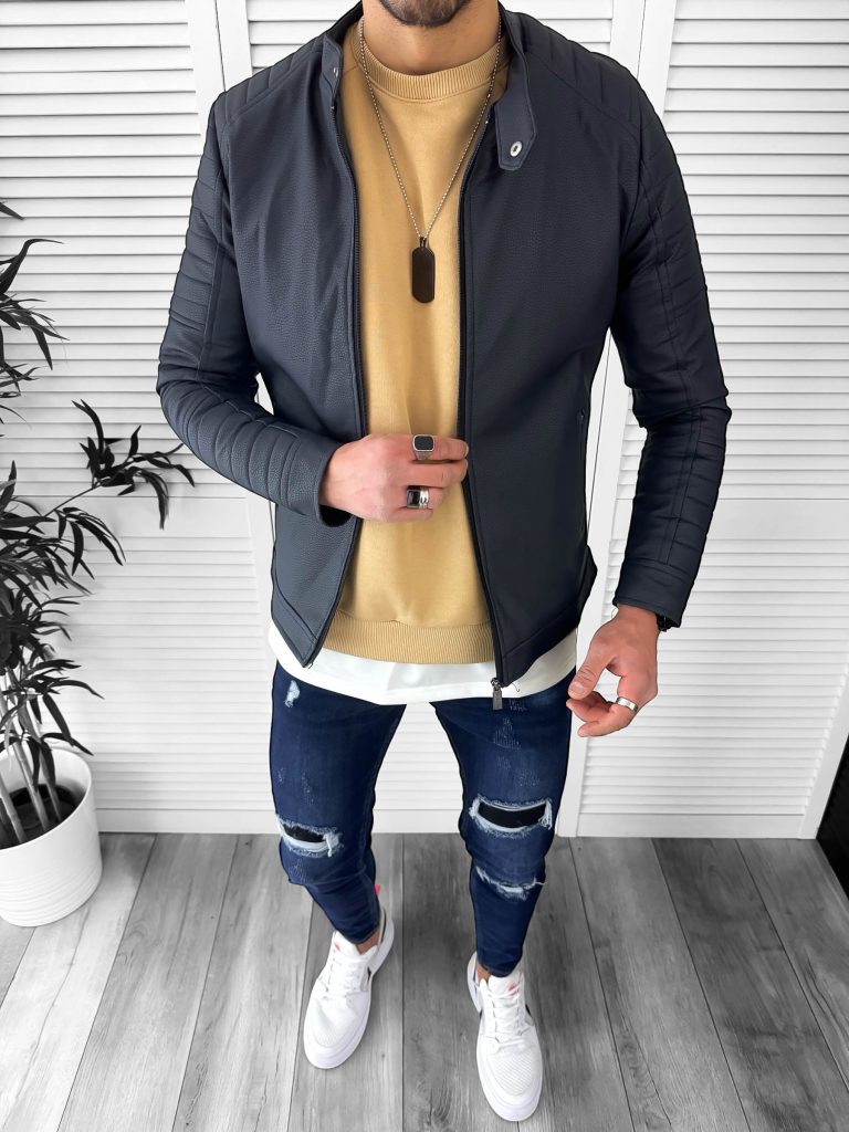 Geaca barbati bleumarin piele ecologica B2948 T2-1-Geci barbati > Geci de piele barbati