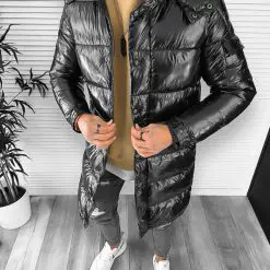 Geaca barbati de iarna  lunga  neagra lucioasa cu mic defect DEF548  D0-5-Geci barbati > Geci iarna