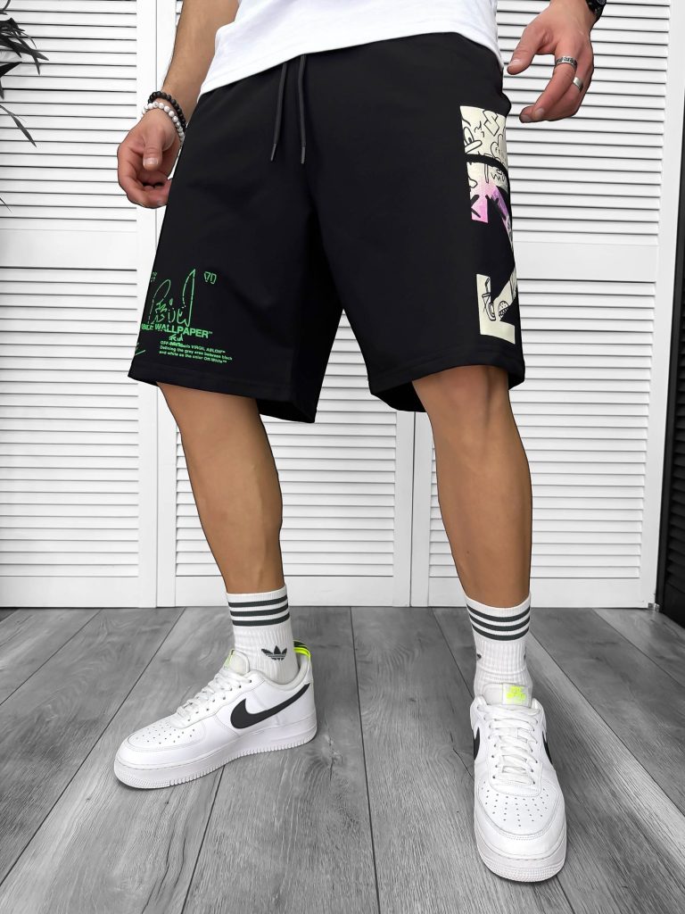Pantaloni de trening scurti negri  cu imprimeu Y243  O3-2.2-Pantaloni > Pantaloni scurti