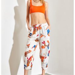 Pantaloni din amestec de bumbac cu model tropical-FEMEI-IMBRACAMINTE/Pantaloni si colanti