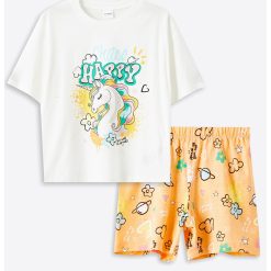 Pijama scurta cu imprimeu unicorn frontal-FETE-IMBRACAMINTE/Pijamale si halate de baie