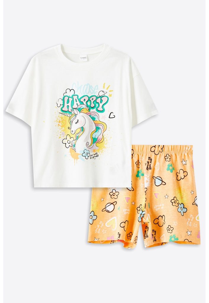 Pijama scurta cu imprimeu unicorn frontal-FETE-IMBRACAMINTE/Pijamale si halate de baie