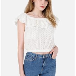 Tricou crop cu decolteu pe umeri-FEMEI-