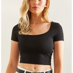 Tricou crop cu decolteu rotund-FEMEI-