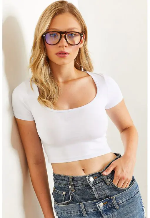 Tricou crop cu decolteu rotund-FEMEI-