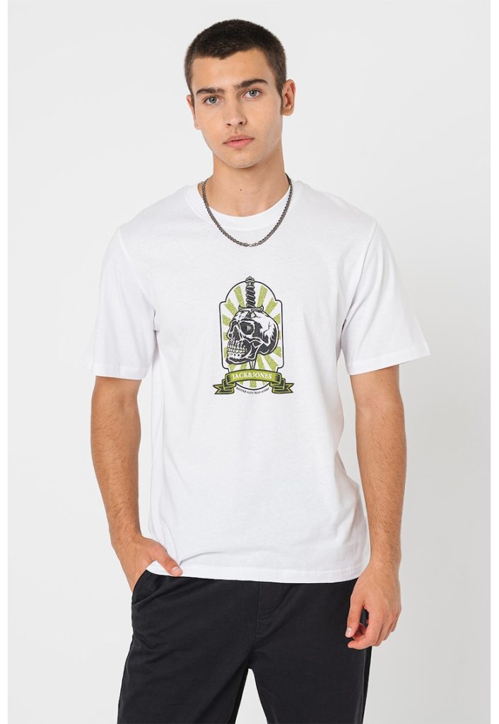 Tricou cu decolteu la baza gatului si imprimeu grafic-BARBATI-IMBRACAMINTE/Tricouri si maiouri