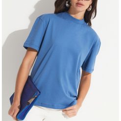 Tricou de bumbac uni cu decolteu la baza gatului-FEMEI-