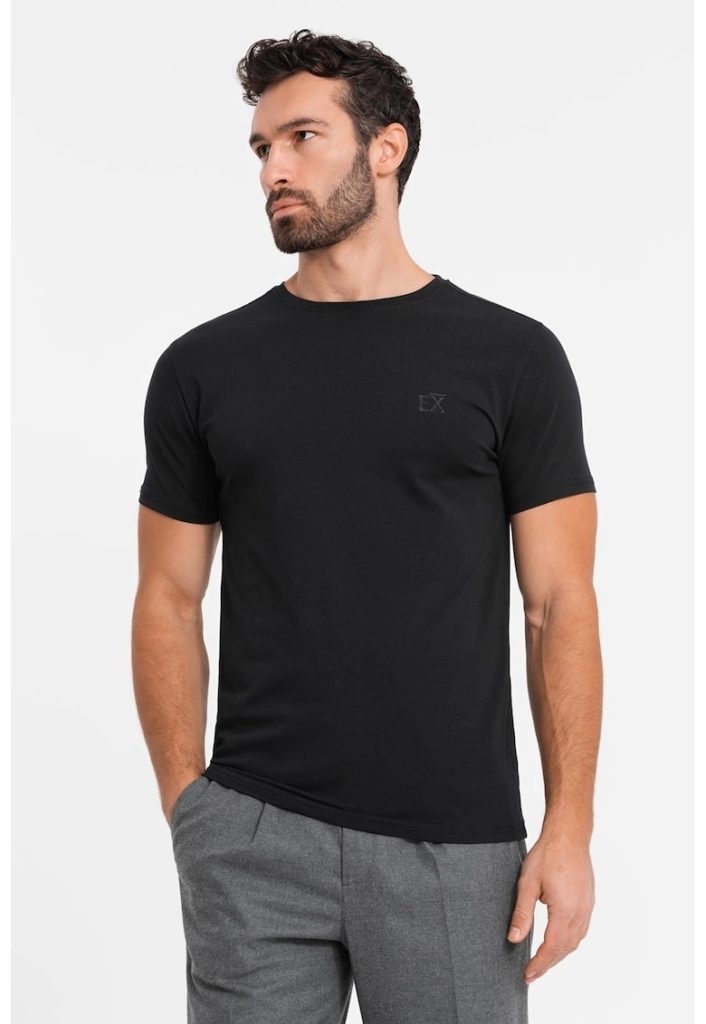 Tricou din amestec de bumbac cu decolteu la baza gatului-BARBATI-IMBRACAMINTE/Tricouri si maiouri