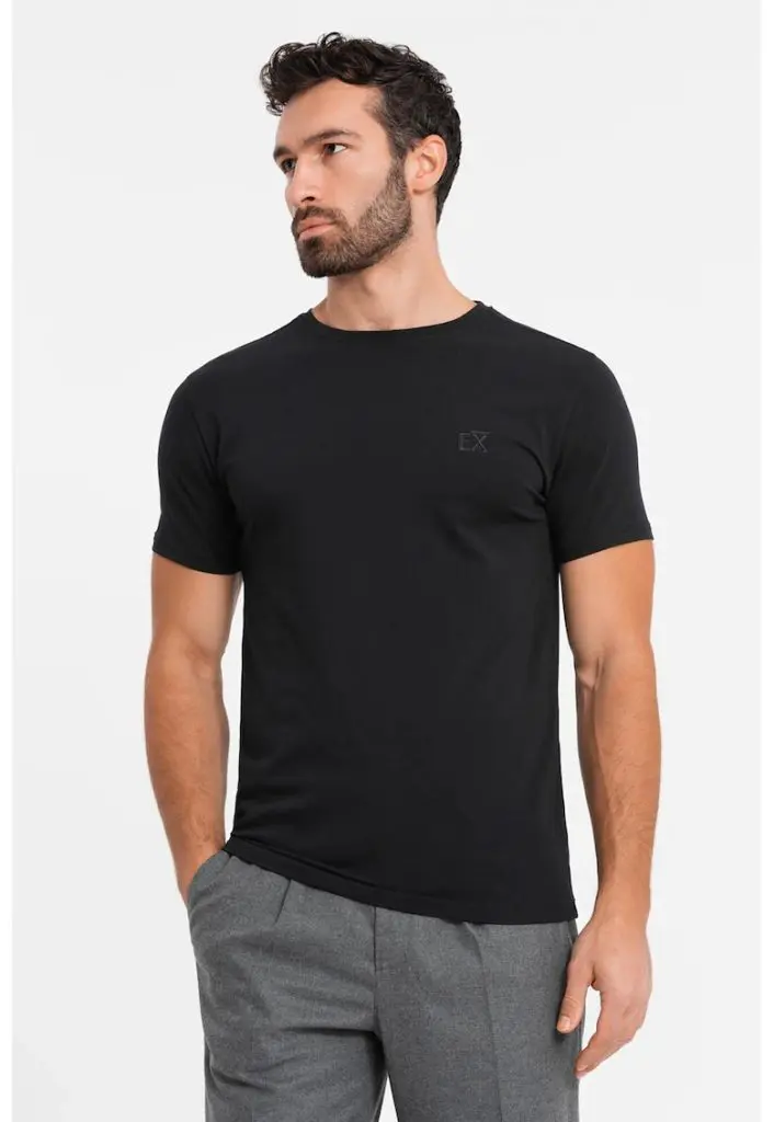 Tricou din amestec de bumbac cu decolteu la baza gatului-BARBATI-IMBRACAMINTE/Tricouri si maiouri