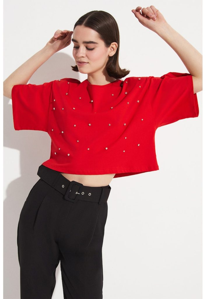 Tricou din bumbac cu strasuri-FEMEI-IMBRACAMINTE/Tricouri si maiouri
