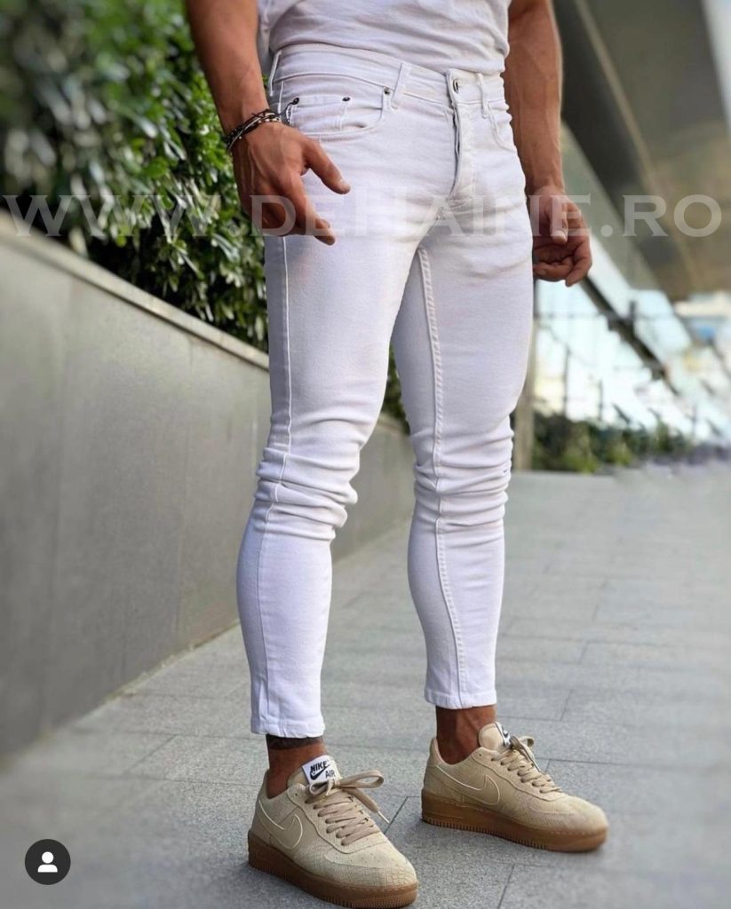 Blugi barbati conici albi  B3340-Blugi barbati