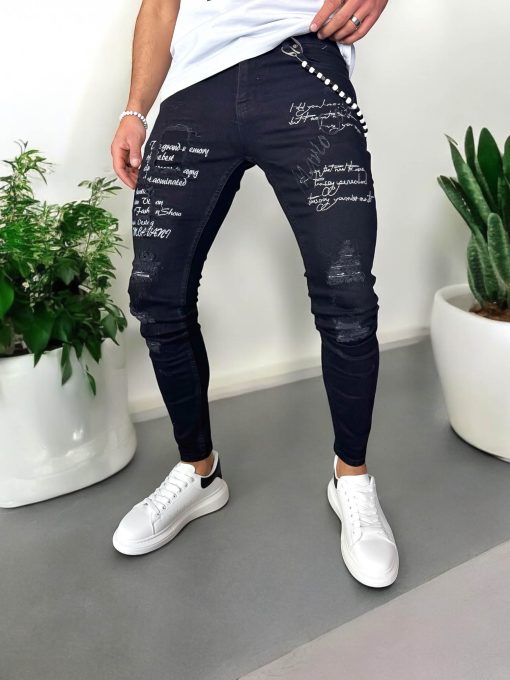 Blugi barbati conici negri  cu stikere  0061 H4-7-Blugi barbati