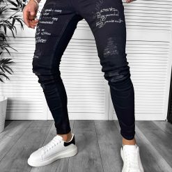 Blugi barbati conici negri  cu stikere  0061 H4-7-Blugi barbati