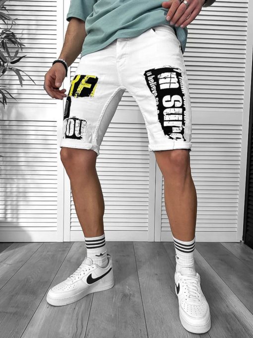 Blugi barbati scurti conici albi  cu stikere  4601 D4-1.1-Blugi barbati > Blugi scurti