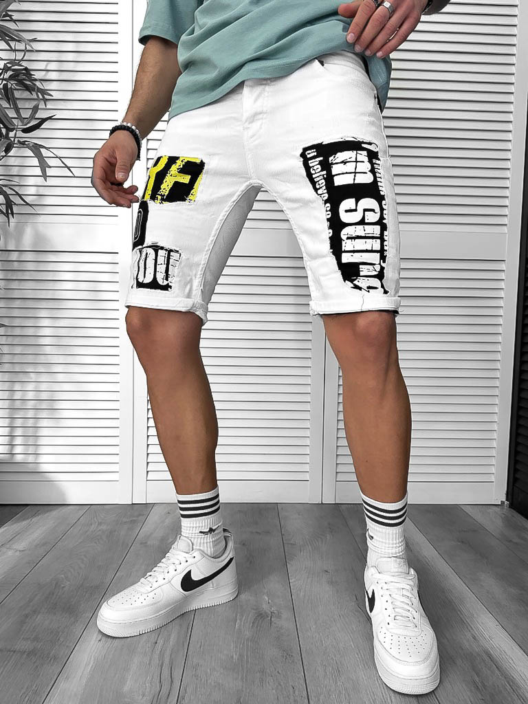 Blugi barbati scurti conici albi  cu stikere  4601 D4-1.1-Blugi barbati > Blugi scurti