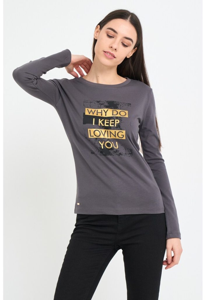 Bluza de bumbac cambrata cu model text-FEMEI/IMBRACAMINTE/Bluze-IMBRACAMINTE/Bluze
