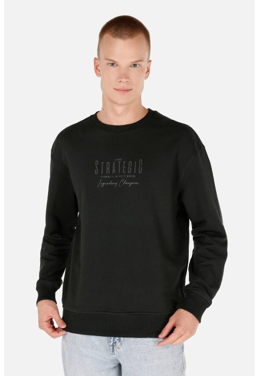 Bluza de trening cu decolteu la baza gatului si imprimeu text-BARBATI/IMBRACAMINTE/Hanorace-IMBRACAMINTE/Hanorace