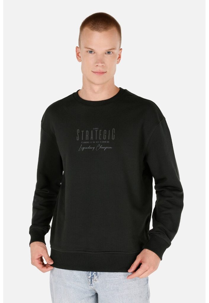 Bluza de trening cu decolteu la baza gatului si imprimeu text-BARBATI/IMBRACAMINTE/Hanorace-IMBRACAMINTE/Hanorace