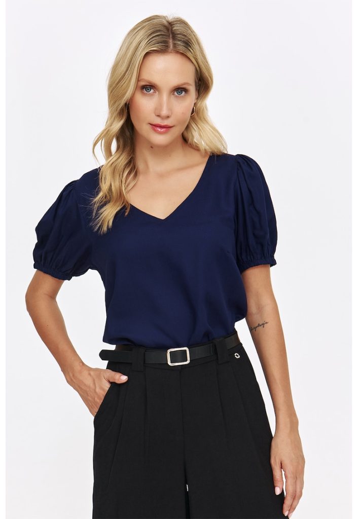 Bluza regular-fit cu decolteu in V si maneci bufante-FEMEI/IMBRACAMINTE/Bluze-IMBRACAMINTE/Bluze