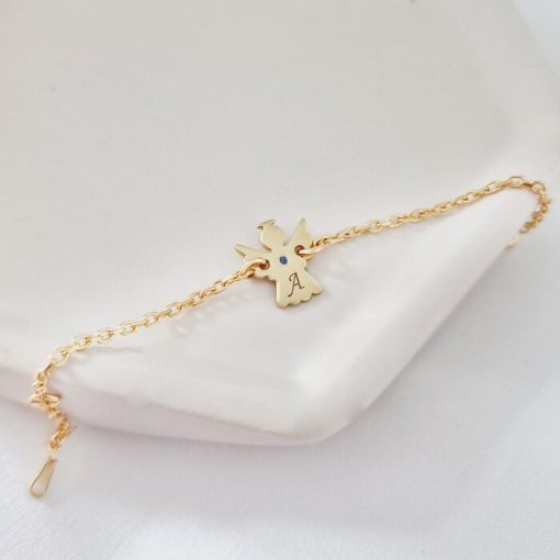 Bratara ingeras - personalizat cu initiala si Piatra pretioasa - Argint 925 placat cu Aur Galben 18K - Cu lantisor fata/baiat-Toate >> Argint 925 >> Bratari Argint Copii >> Noutati
