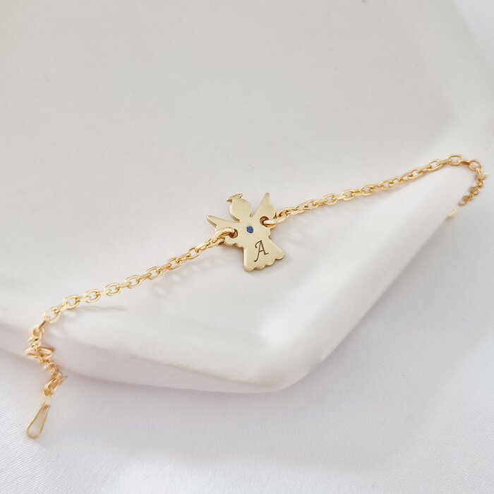 Bratara ingeras - personalizat cu initiala si Piatra pretioasa - Argint 925 placat cu Aur Galben 18K - Cu lantisor fata/baiat-Toate >> Argint 925 >> Bratari Argint Copii >> Noutati