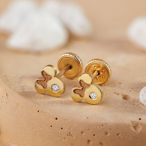 Cercei bebe/fetite cu Diamant natural - Model Minnie Mouse - Aur Galben 14K - Inchizatoare filet-Diamante >> Cercei Aur 14K cu Diamant natural
