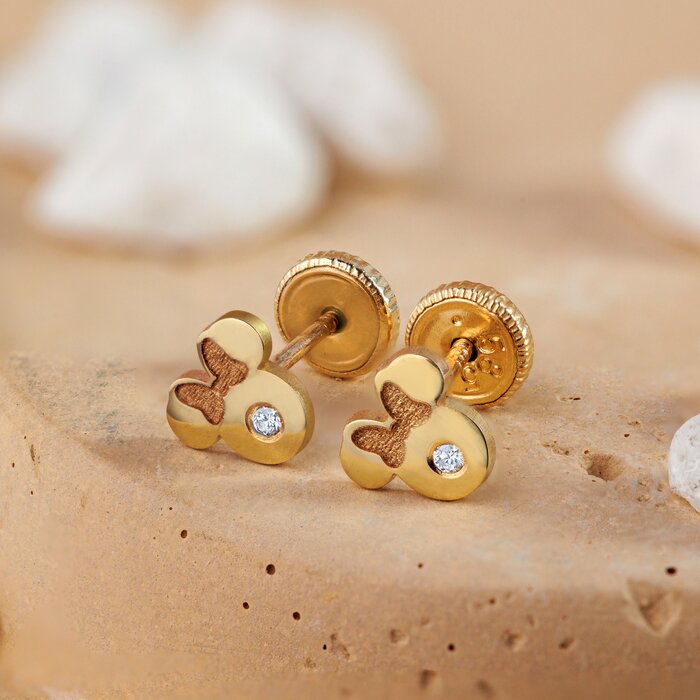 Cercei bebe/fetite cu Diamant natural - Model Minnie Mouse - Aur Galben 14K - Inchizatoare filet-Diamante >> Cercei Aur 14K cu Diamant natural