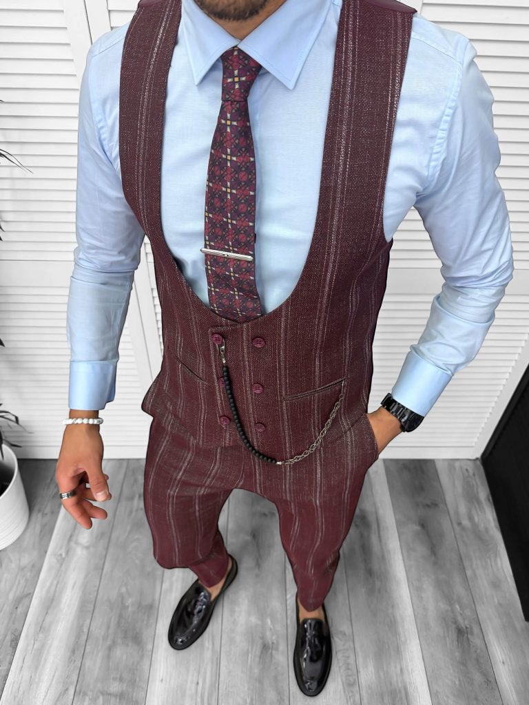 Compleu barbati  Vesta + Pantaloni grena B5517 Lant si cravata cadou Y8-3*-Costume barbati > Compleuri barbati